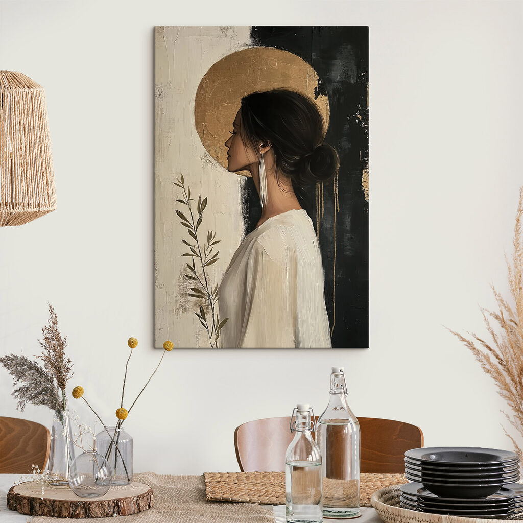 Perfil ante círculo dorado en un interior
