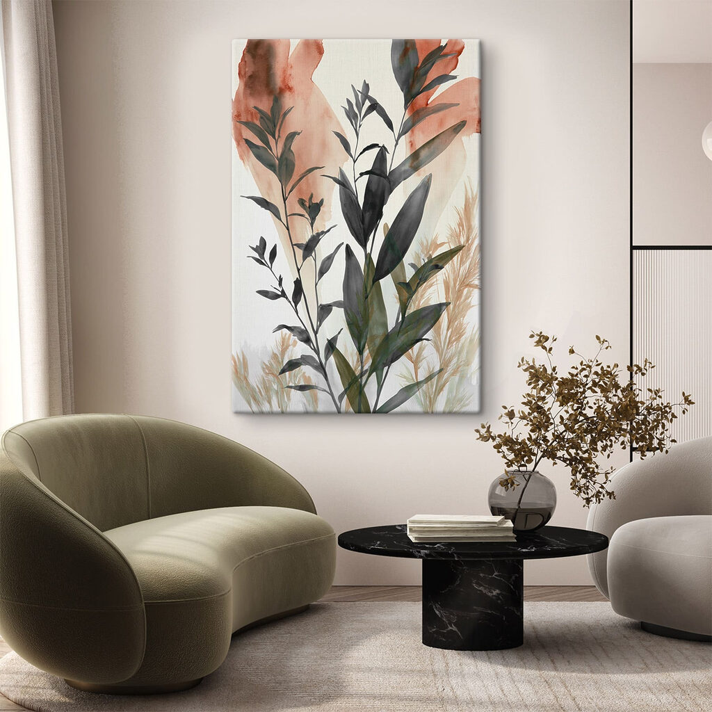 Hojas oscuras sobre rosa — interior 3