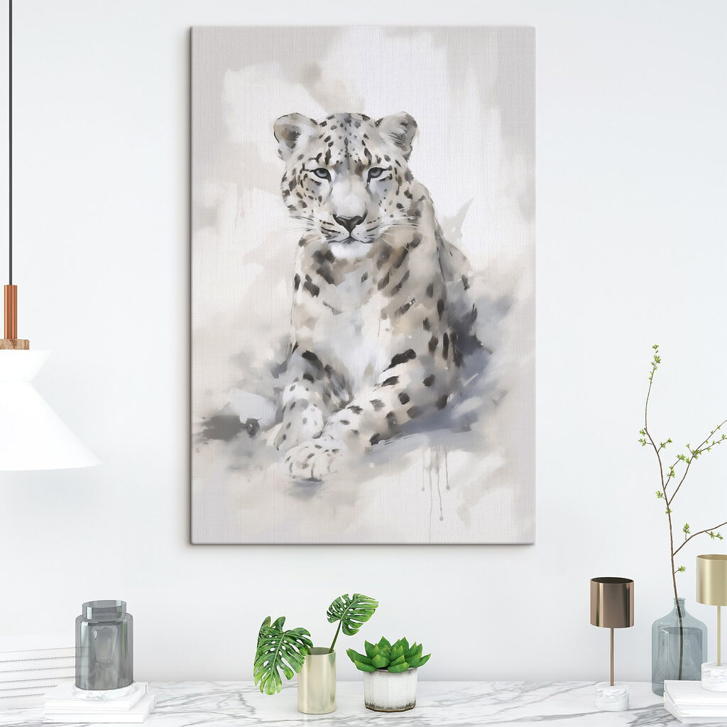 Leopardo sentado en blanco en un interior