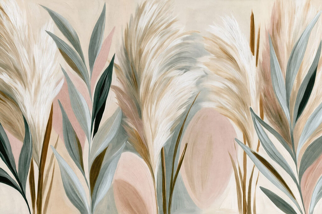 Plumas entre hojas largas — diseño completo