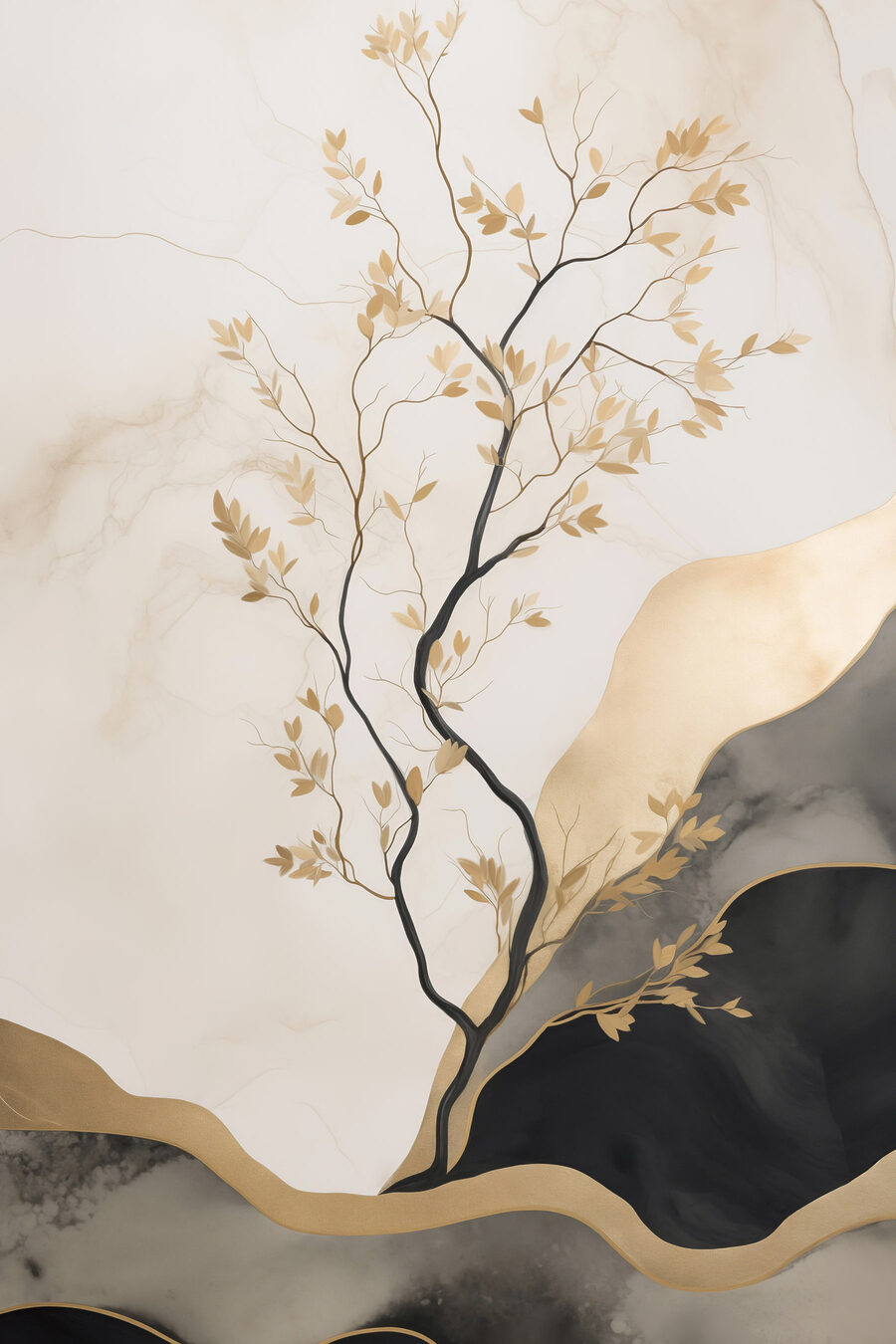 Árbol entre colinas oscuras — diseño completo