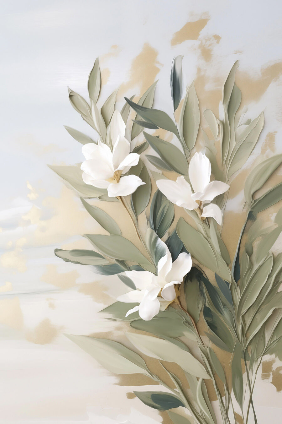 Flores entre verdes apagados — diseño completo