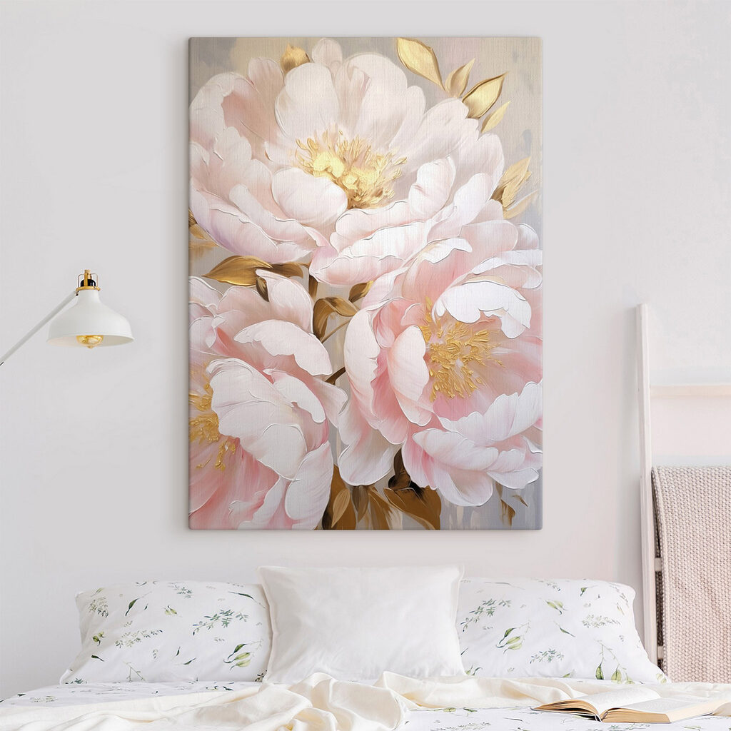 Peonías rosas con pétalos en un interior