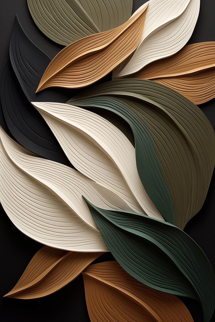 Hojas plegadas sobre negro — diseño completo