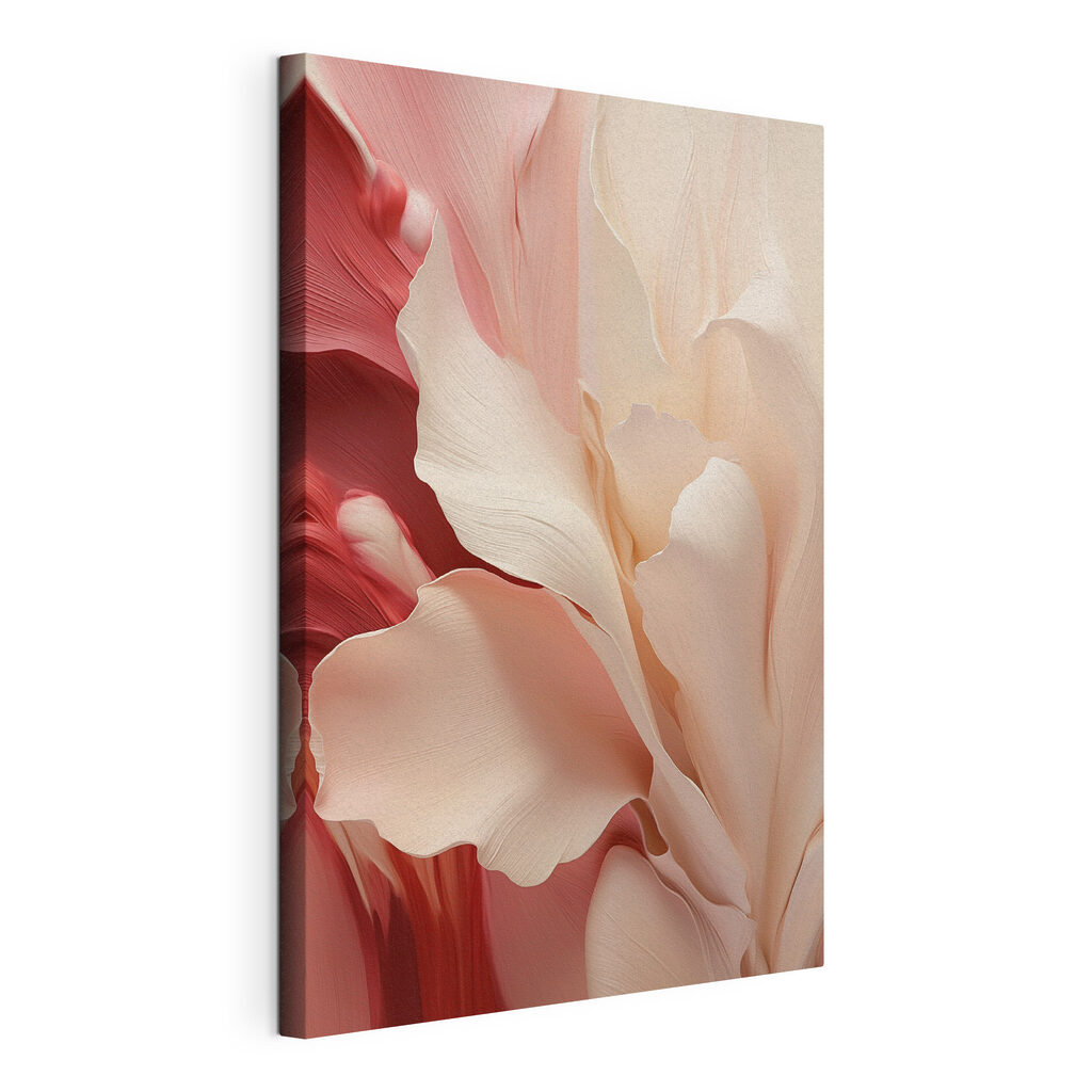 Flor crema sobre rojo, lienzo tensado con el borde envolvente