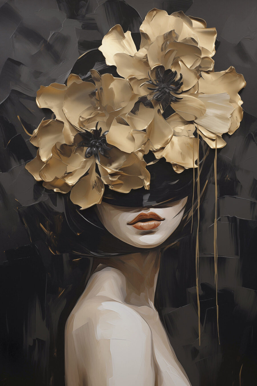 Mujer tras flores doradas — diseño completo