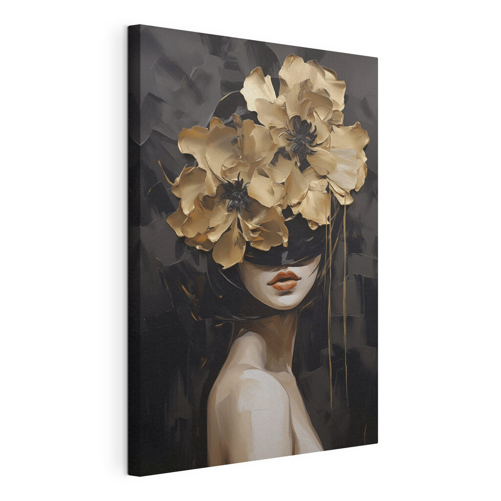 Mujer tras flores doradas — vista del producto