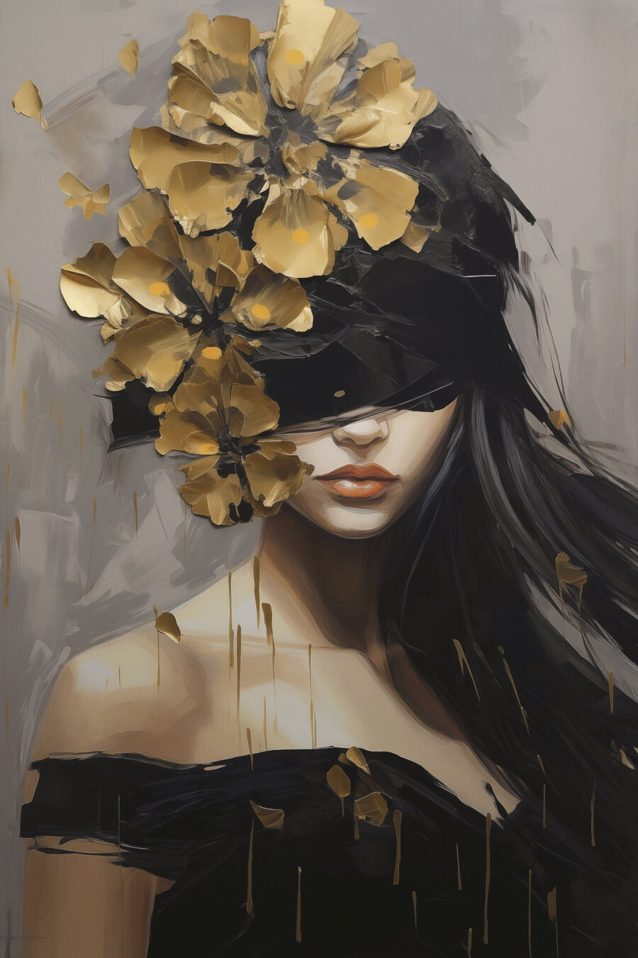 Rostro entre flores doradas — diseño completo