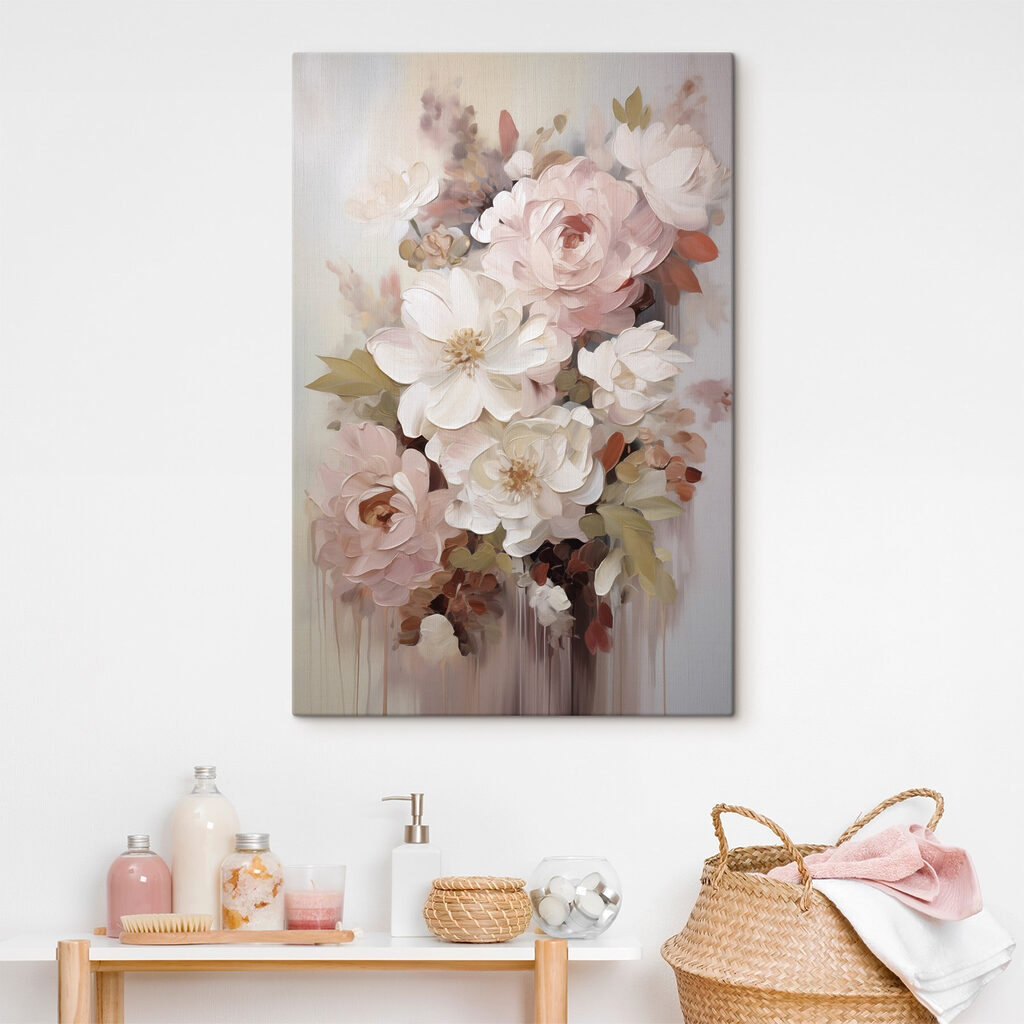 Rosas entre flores blancas en un interior