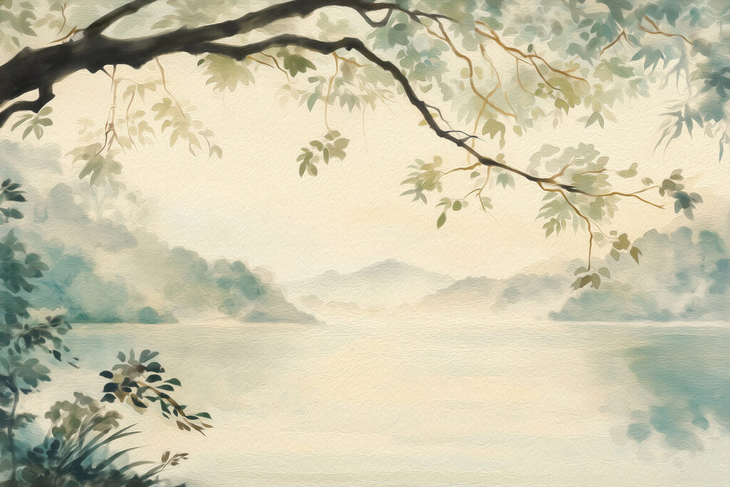 Lago tranquilo bajo ramas — diseño completo