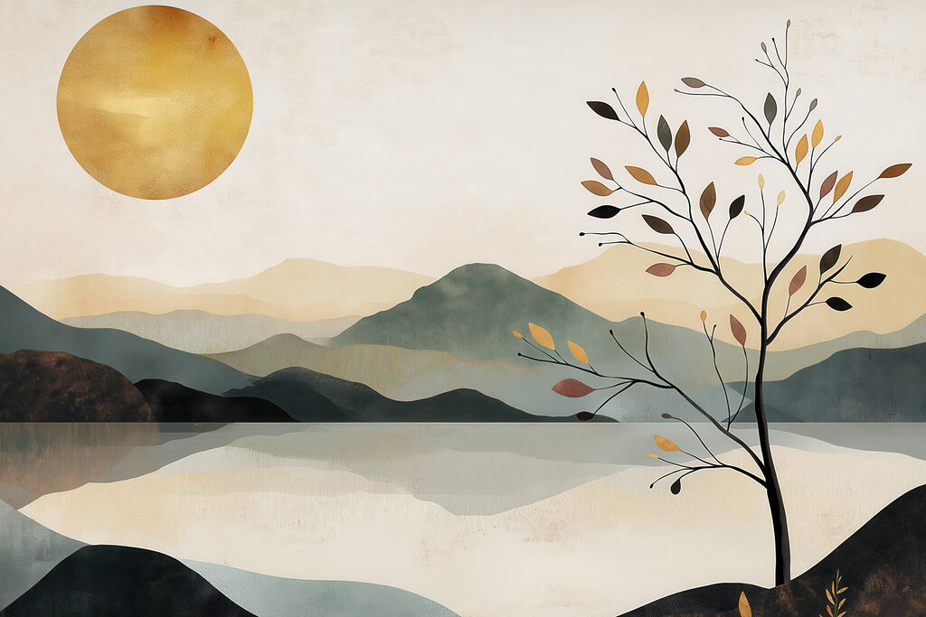 Árbol y montañas reflejadas — diseño completo