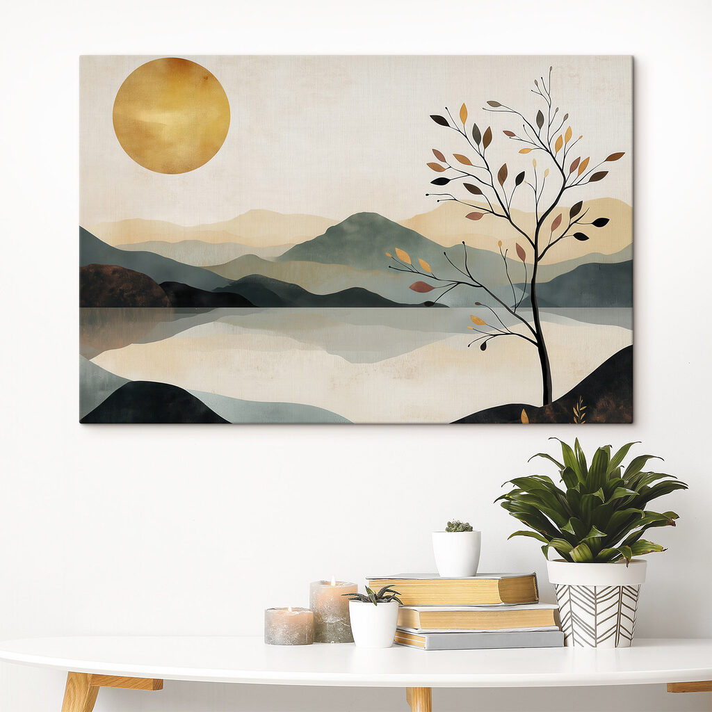 Árbol y montañas reflejadas en un interior
