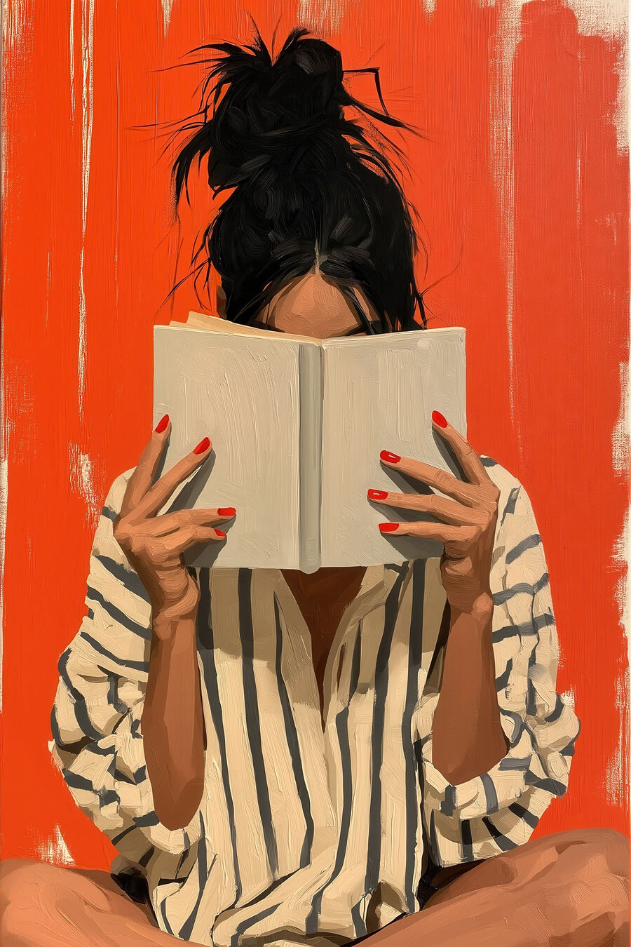 Mujer leyendo sobre naranja — diseño completo