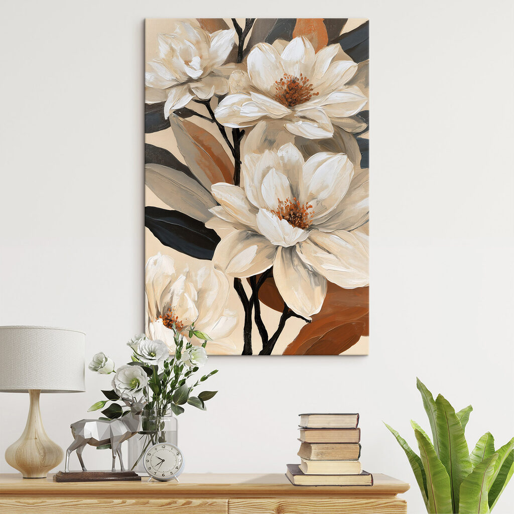 Flores blancas, ramas oscuras en un interior