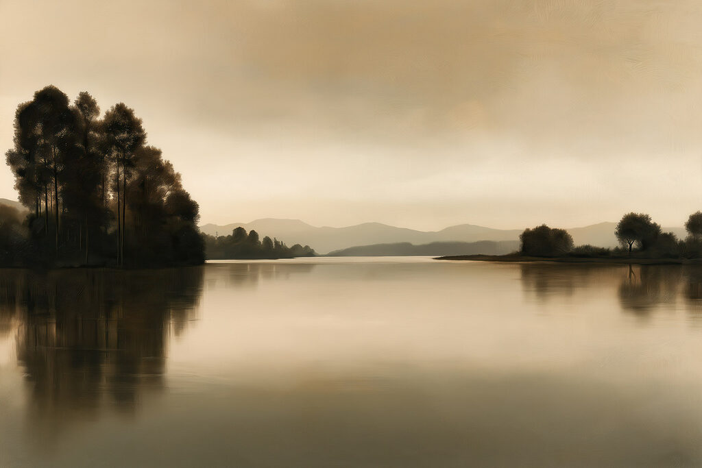 Árboles reflejados en agua — diseño completo