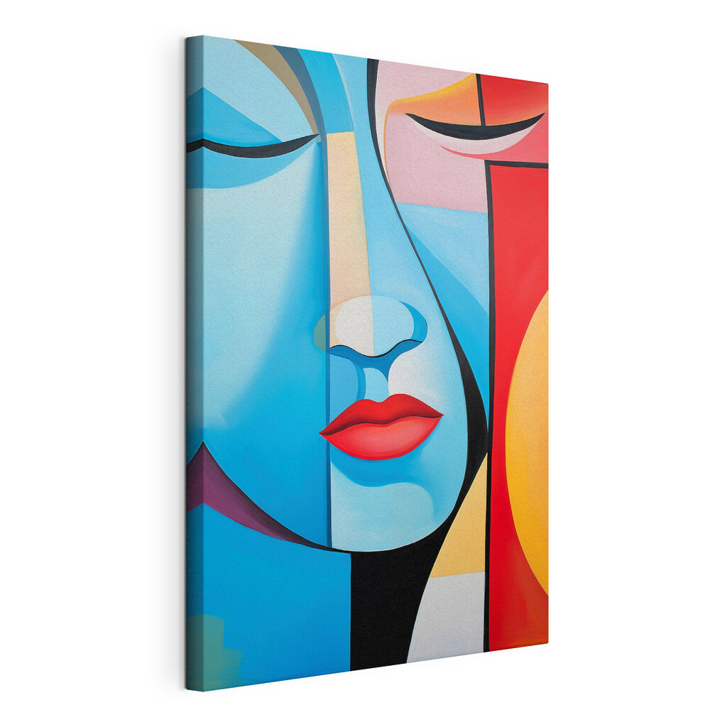 Rostro azul, labios rojos, lienzo tensado con el borde envolvente
