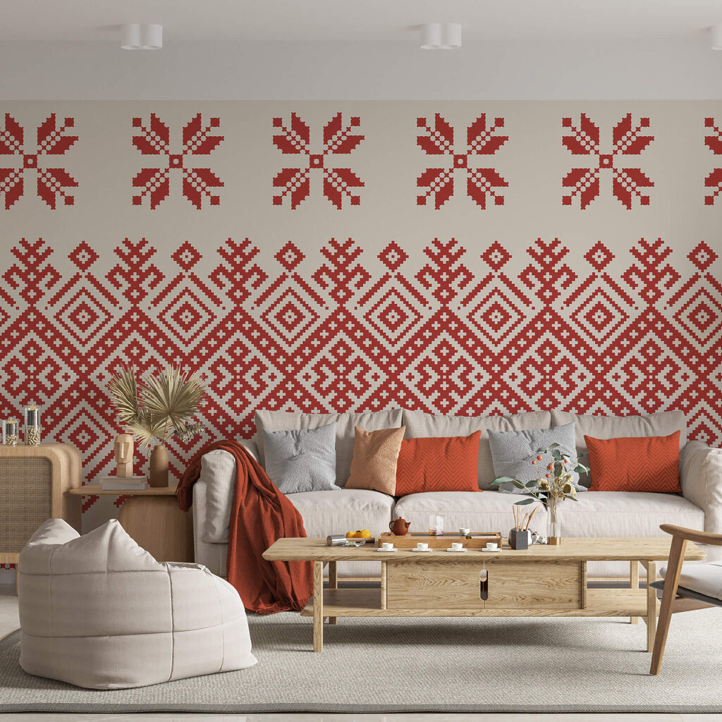 Franja geométrica con flores en un interior