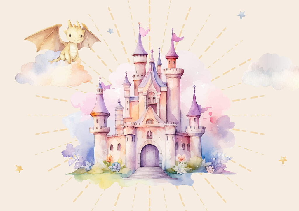Dragón junto al castillo — diseño completo