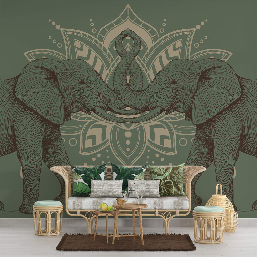 Elefantes ante un ornamento en un interior