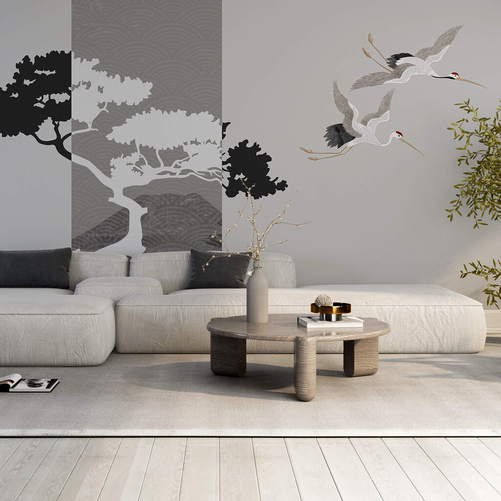Grullas junto al árbol en un interior