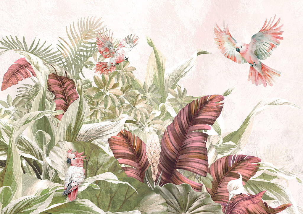 Loros entre flores grandes — diseño completo