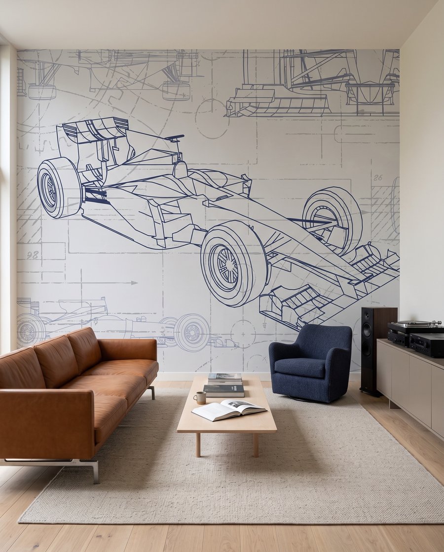 Bólido en dibujo técnico en un interior