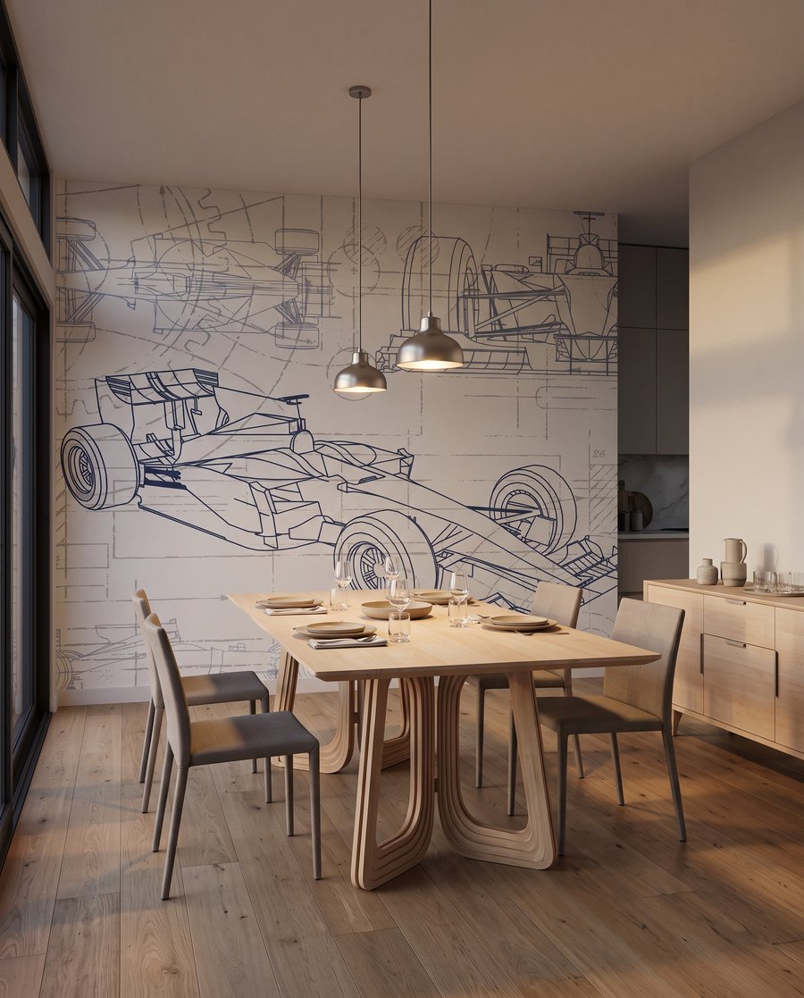 Bólido en dibujo técnico en un interior