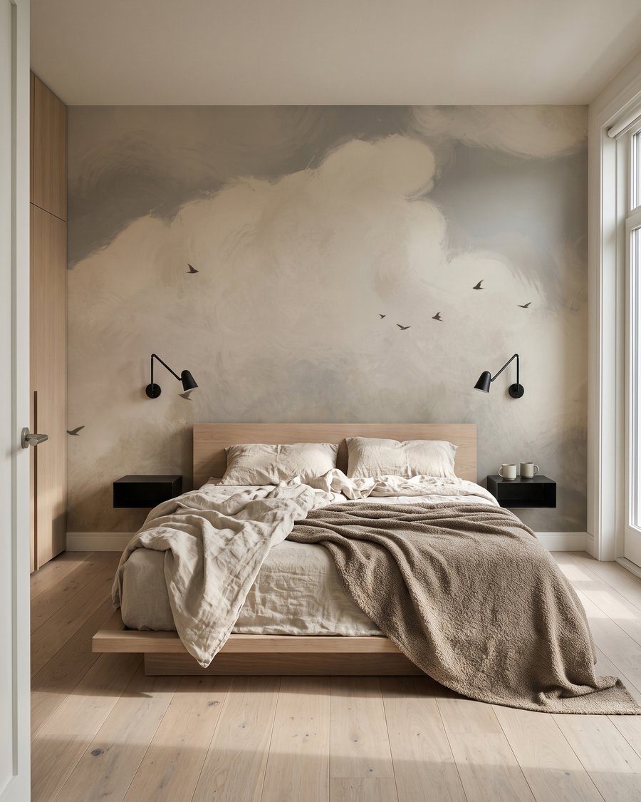 Pájaros bajo las nubes en un interior