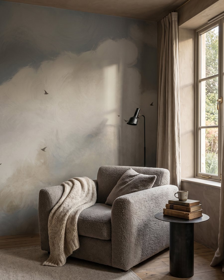 Pájaros bajo las nubes en un interior
