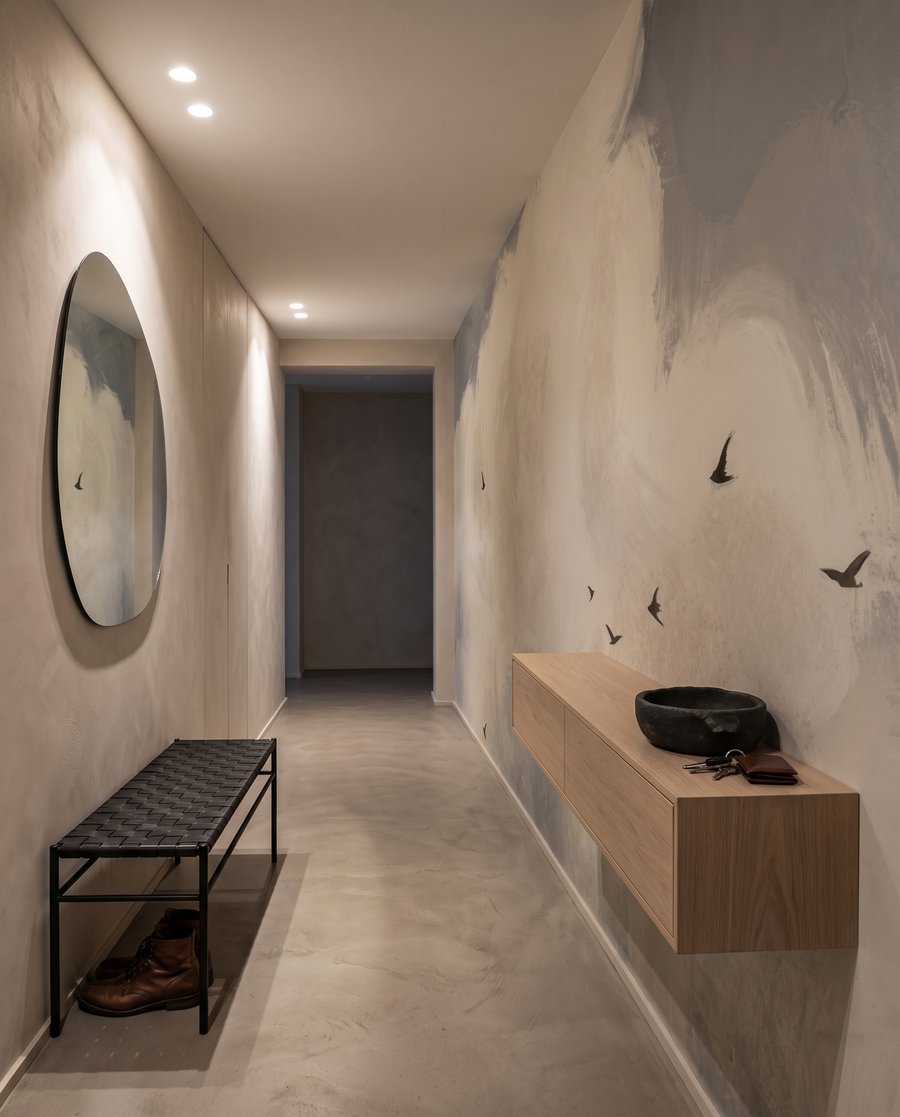Pájaros bajo las nubes en un interior