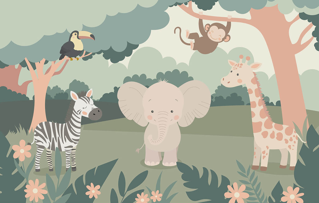 Animales sobre hierba abierta — diseño completo