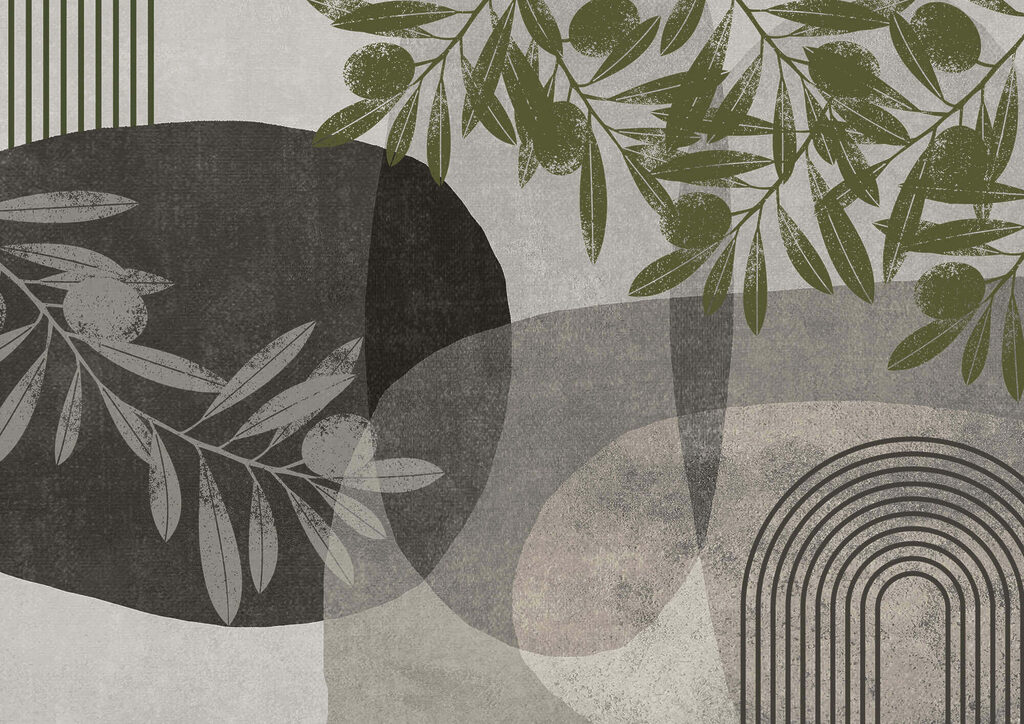 Hojas entre arcos abstractos — diseño completo