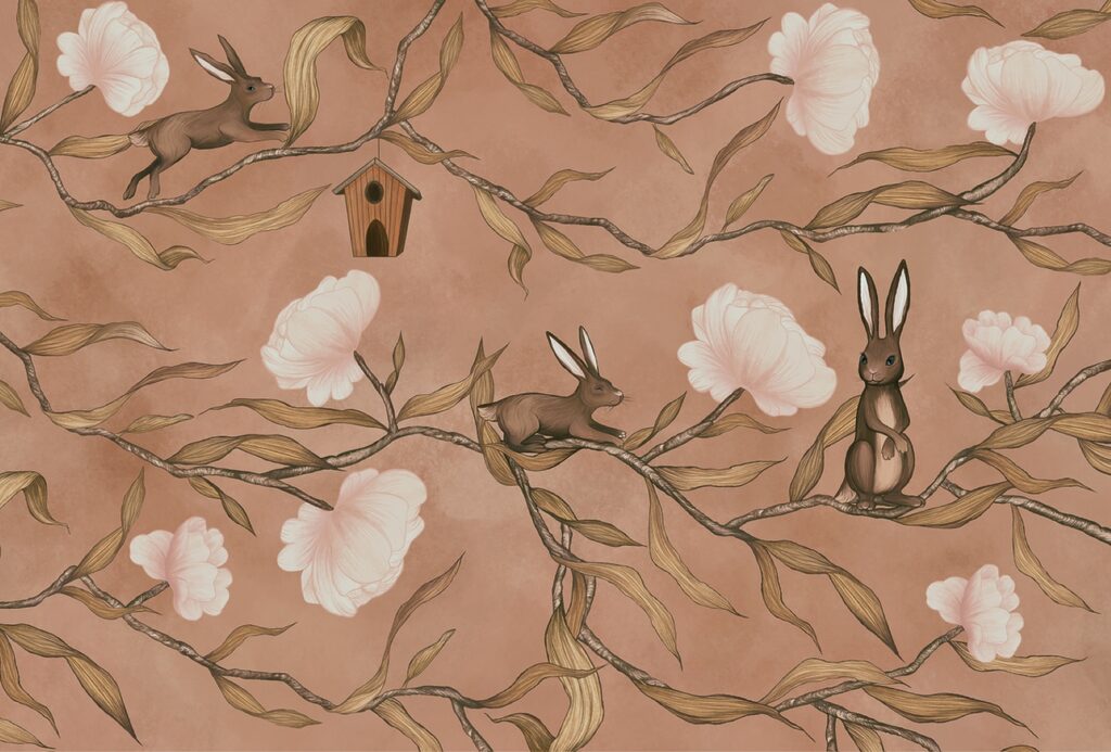 Conejitos entre ramas floridas — diseño completo
