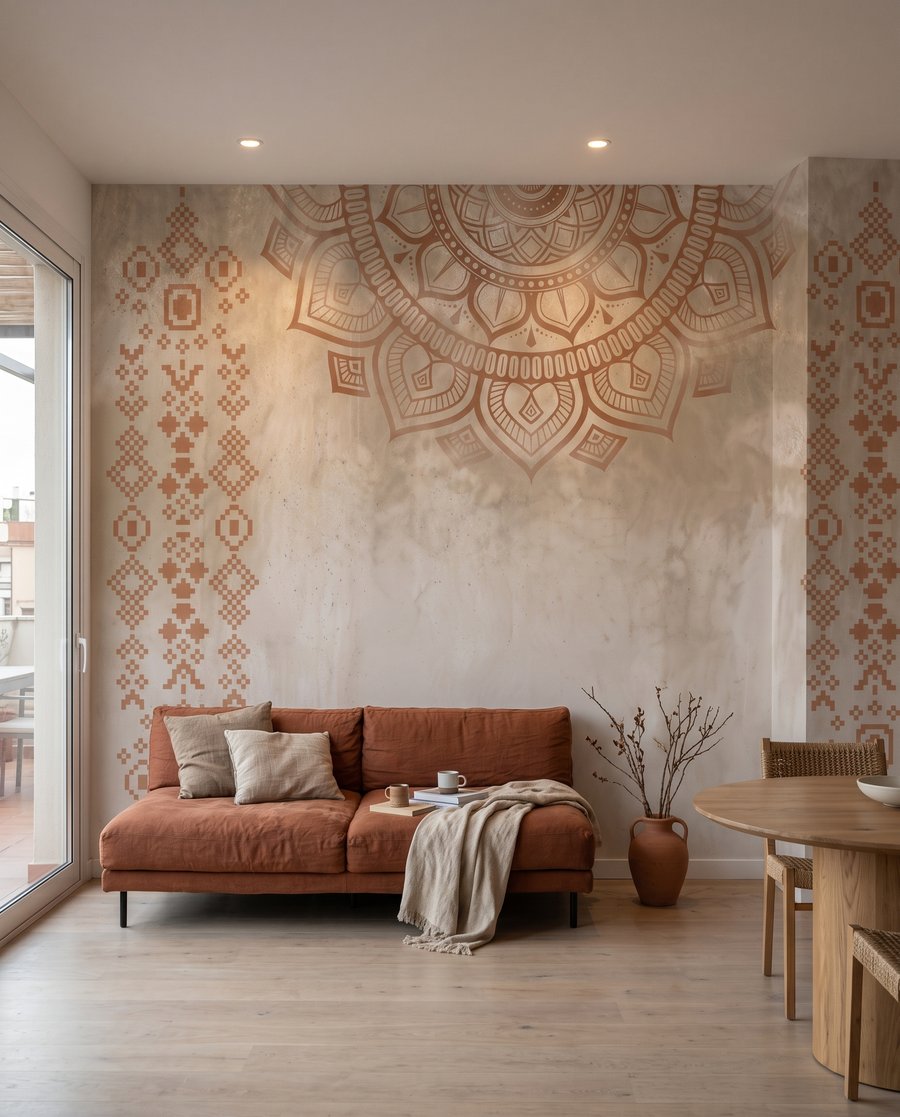 Mandala en líneas cálidas en un interior