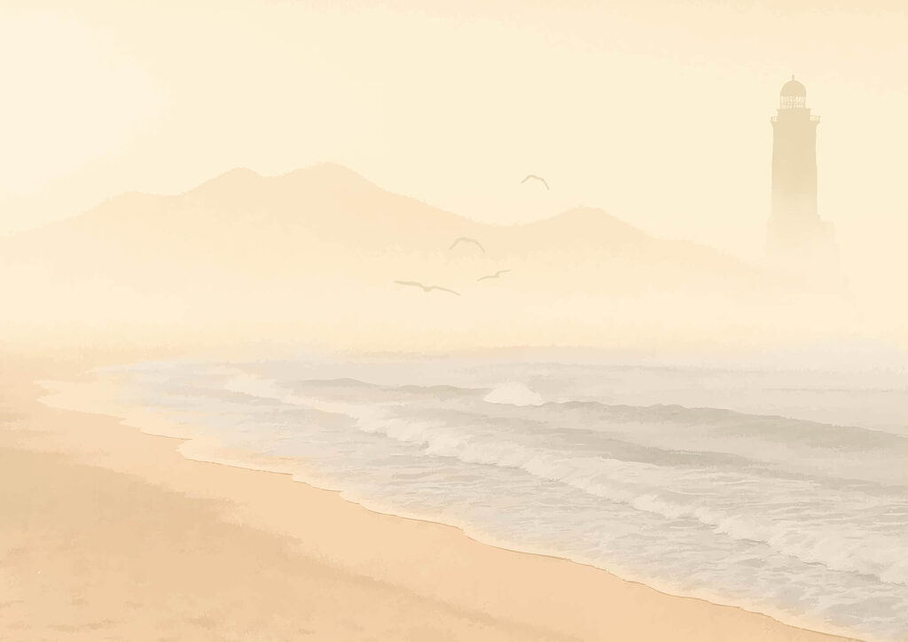 Faro en neblina dorada — diseño completo