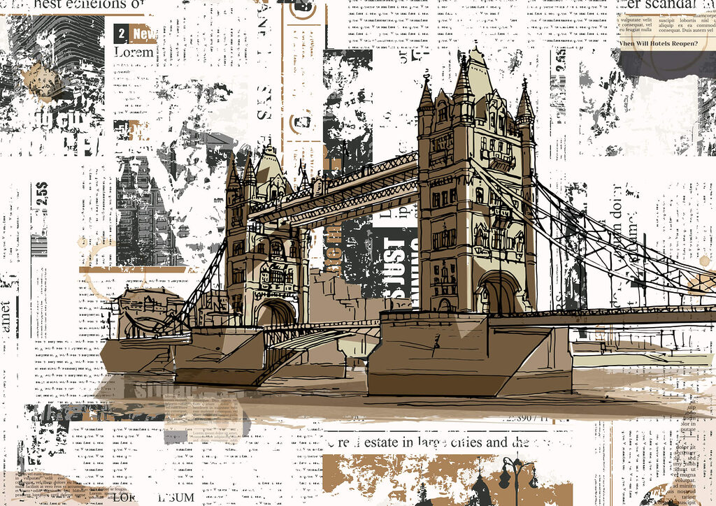 Tower Bridge sobre periódico — diseño completo