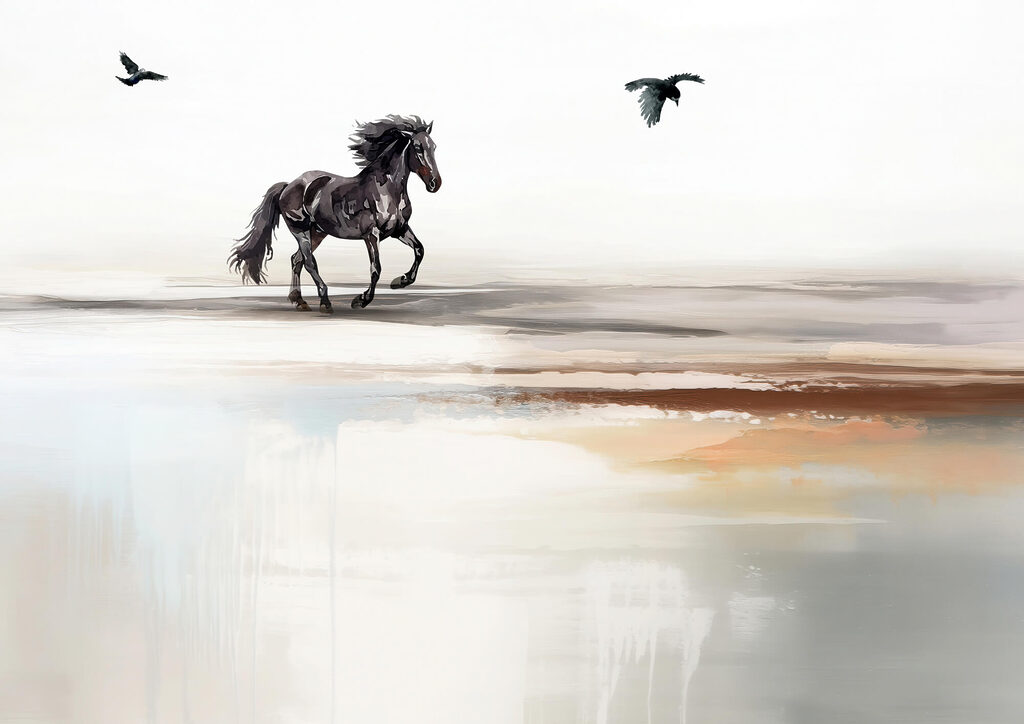 Caballo y aves voladoras — diseño completo