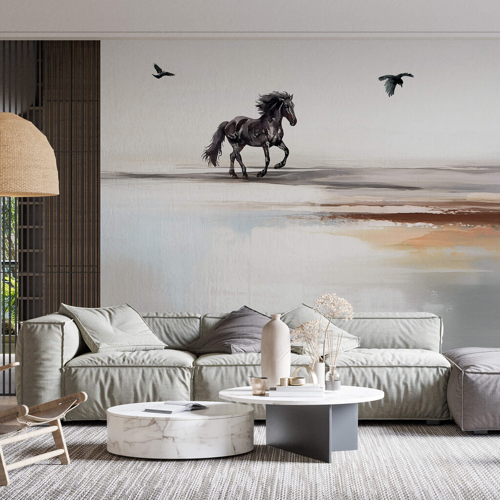 Caballo y aves voladoras en un interior