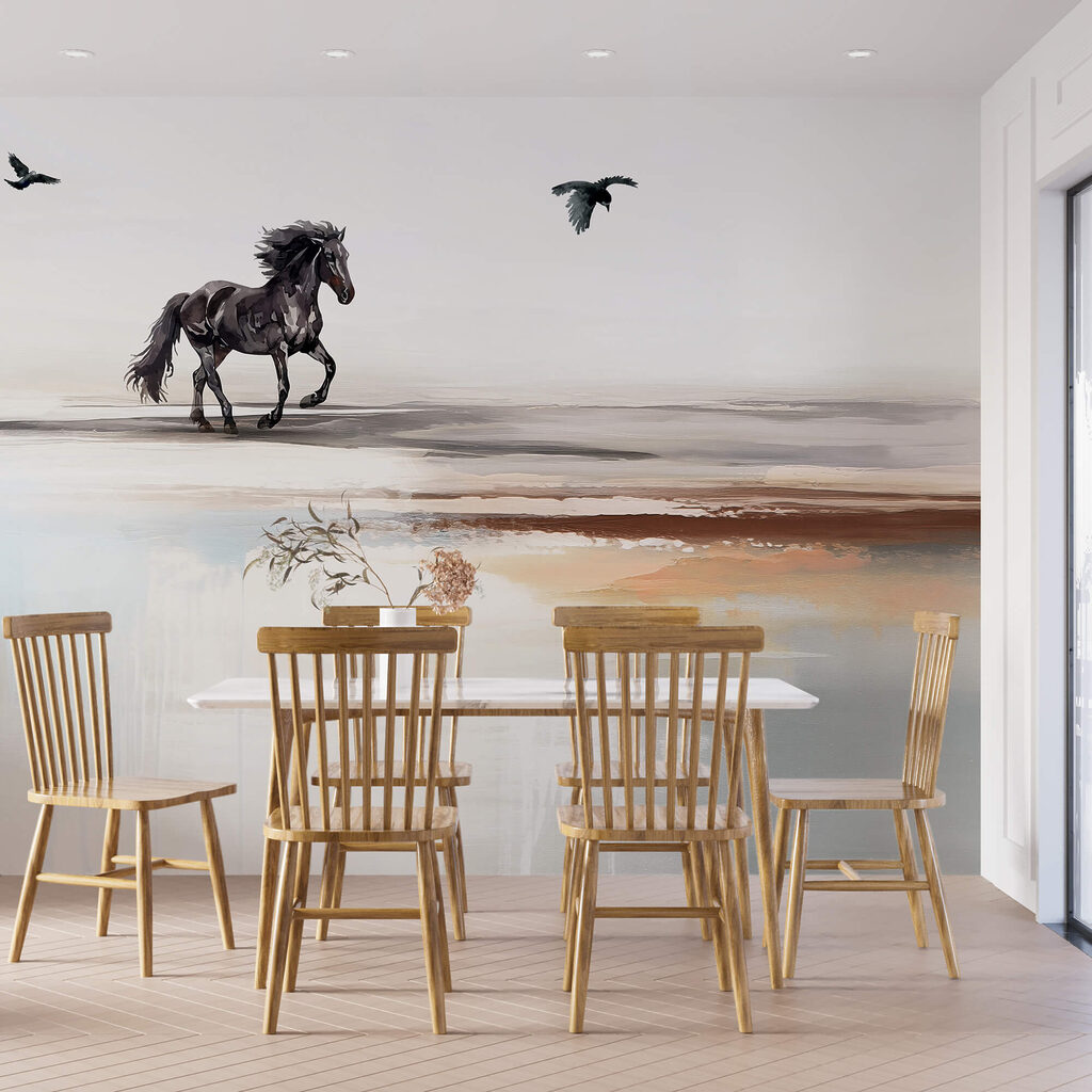Caballo y aves voladoras en un interior