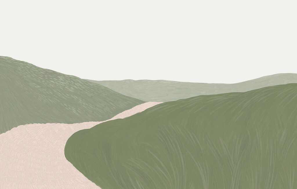 Sendero entre colinas dibujadas — diseño completo