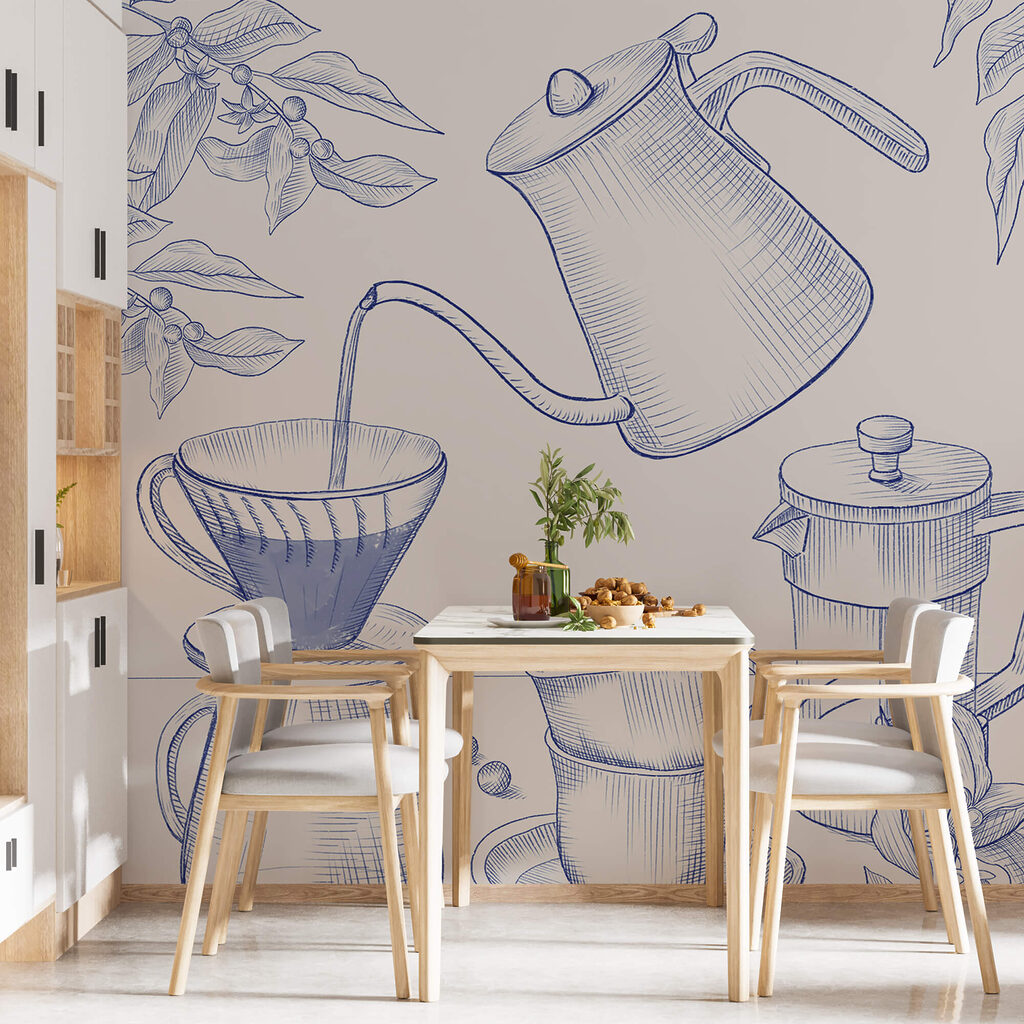 Café en trazos finos en un interior