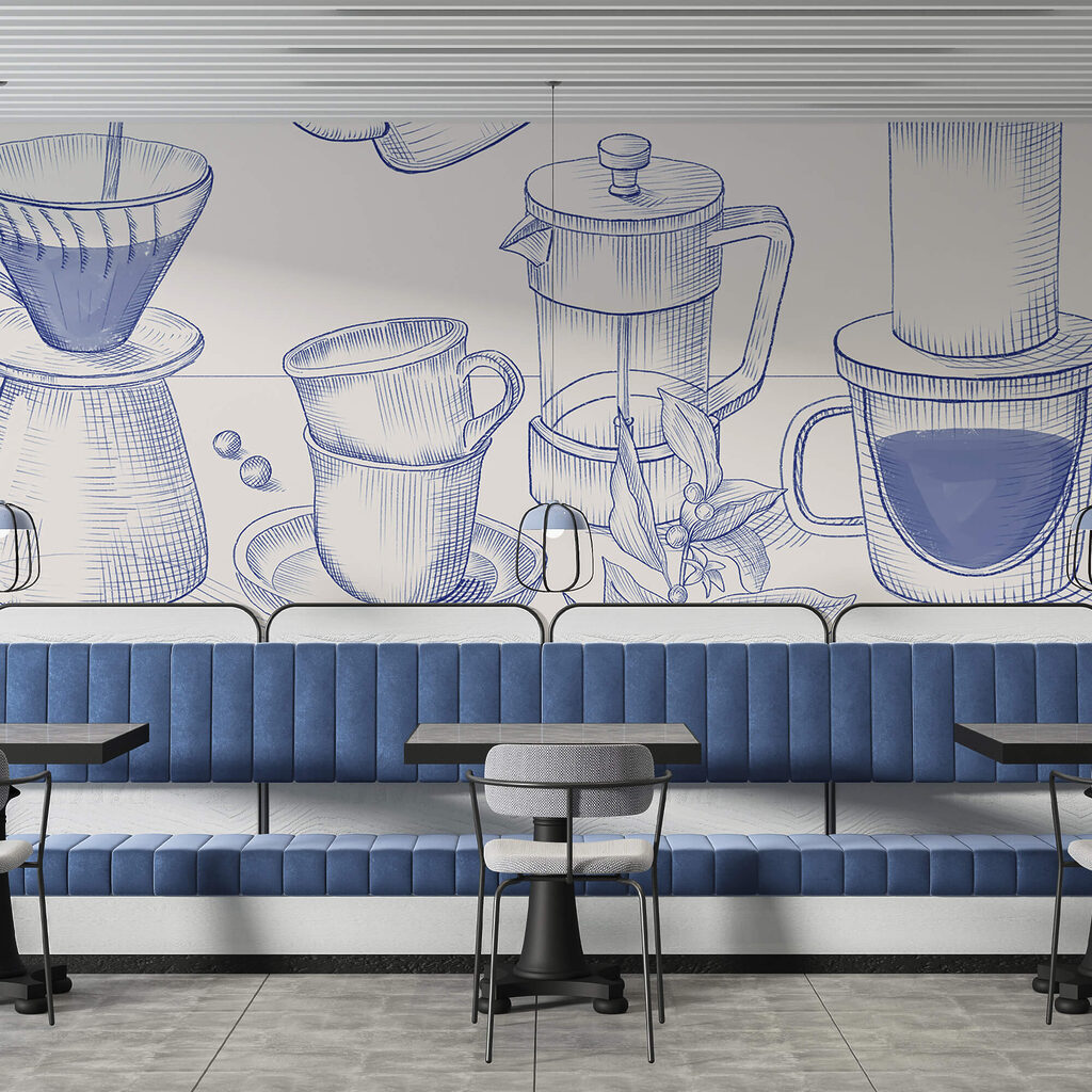 Café en trazos finos en un interior