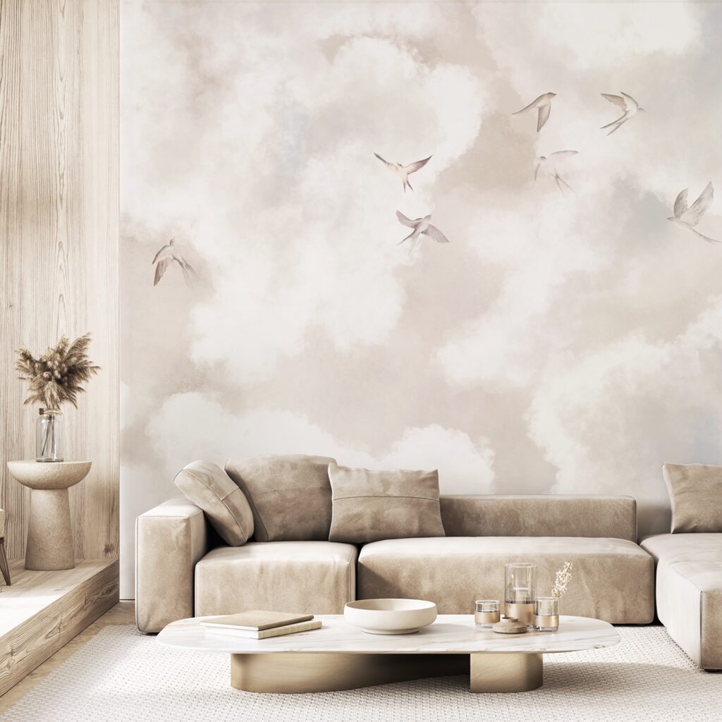 Pájaros entre nubes claras en un interior