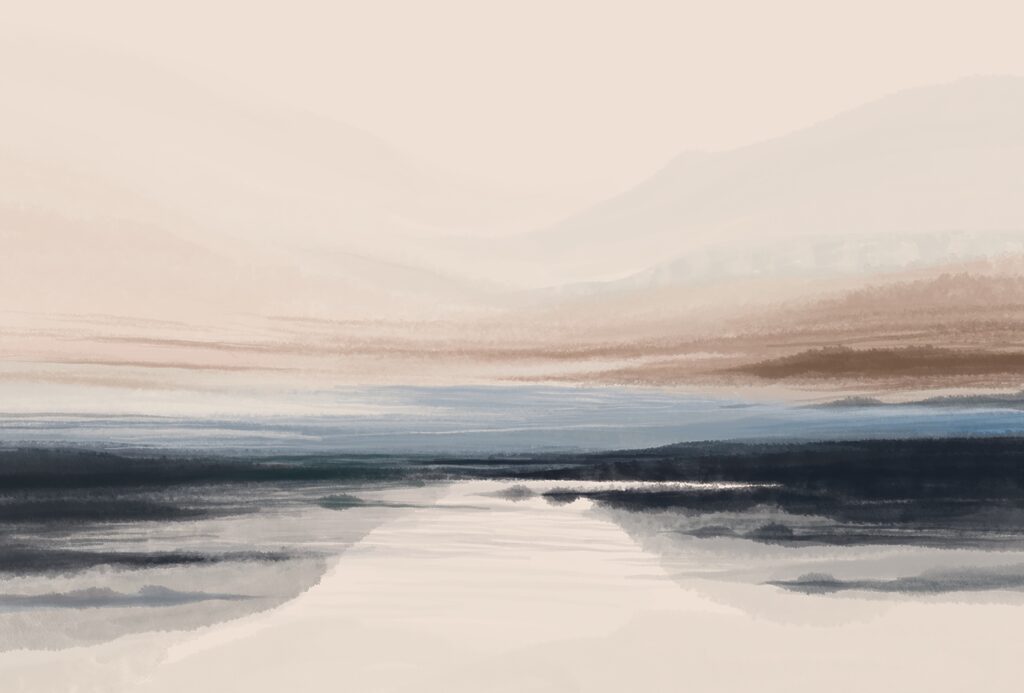 Cielo rosa, aguas azules — diseño completo
