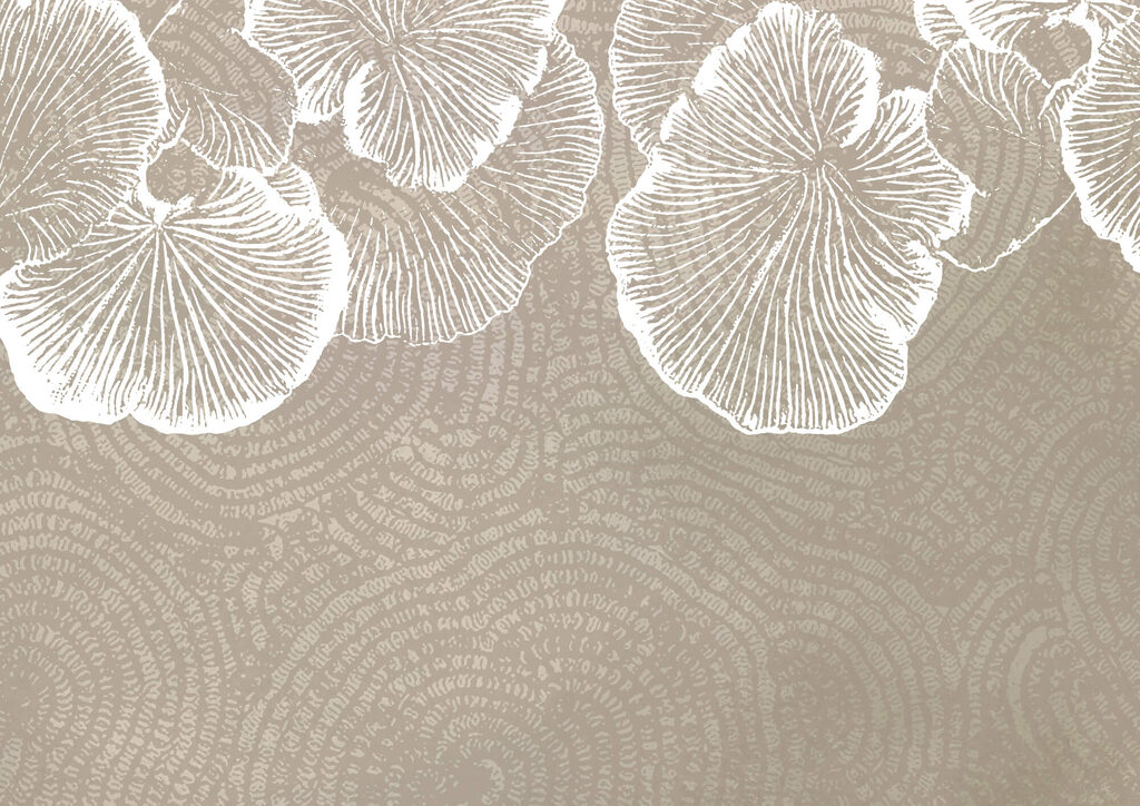 Hojas blancas sobre taupe — diseño completo