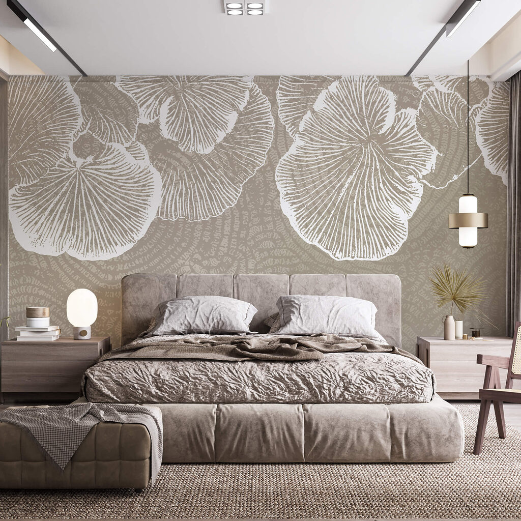 Hojas blancas sobre taupe — interior 1