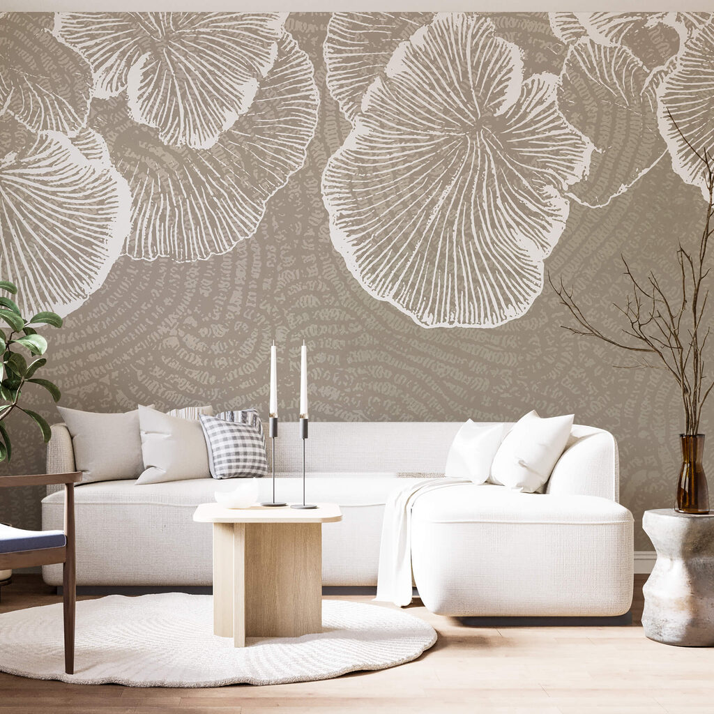 Hojas blancas sobre taupe — interior 2