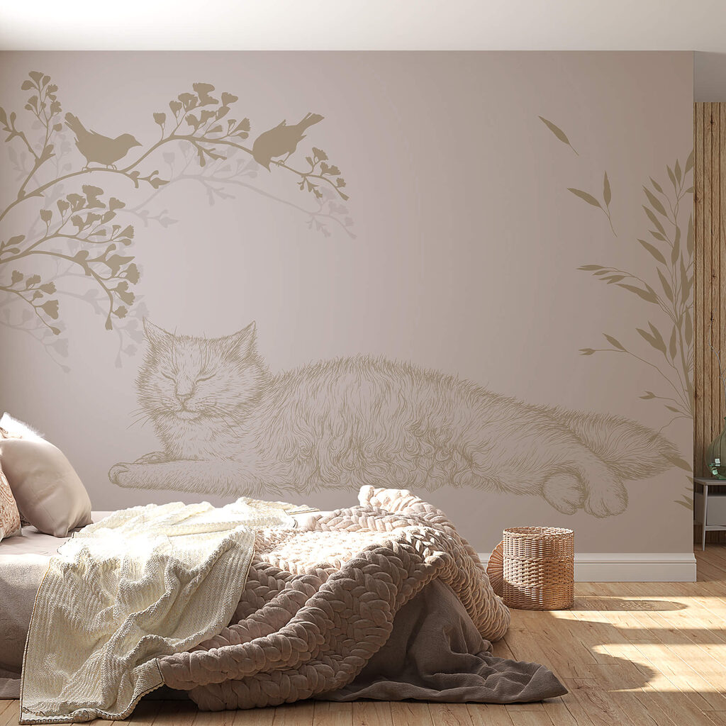 Gato dormido bajo ramitas — interior 1