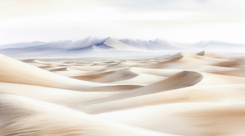 Dunas pálidas ante montañas — diseño completo