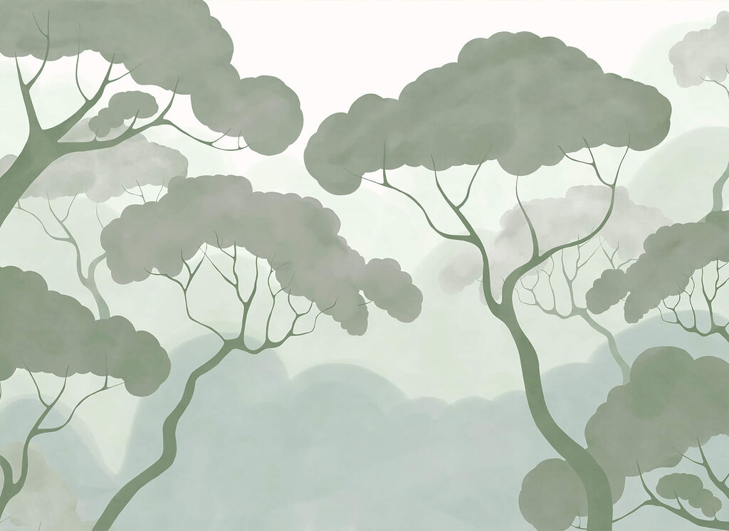 Árboles en neblina dibujada — diseño completo